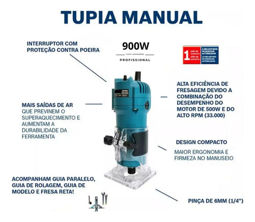 Tupia Laminadora 900w + Jogo De Fresas 15 Peças 6mm 30000rp