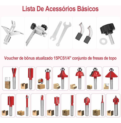 Kit Tupia Manual Laminadora 800w 6mm + Jogo De Fresas 15 Pcs